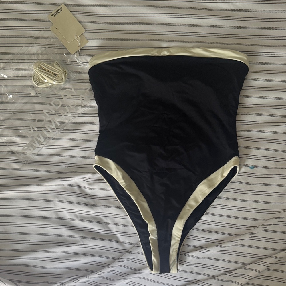 Monday Swimwear Black Strapless One-Piece with Cream Accents